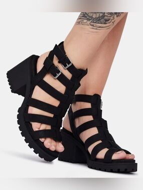 Women's Black Strappy Gladiator Chunky Block Heel Sandals with Buckles